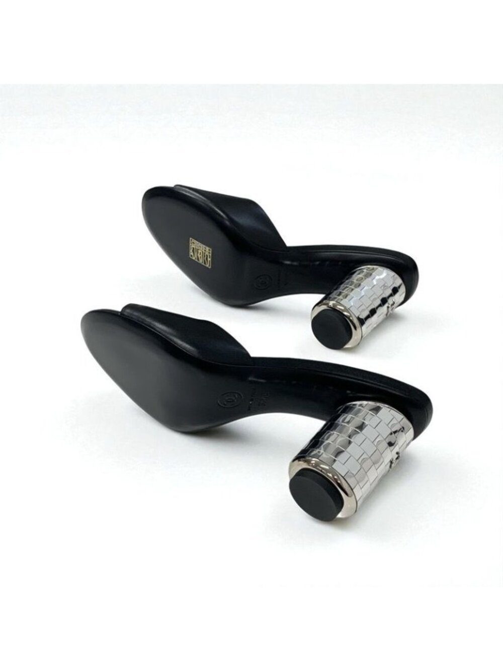 Chanel Sandals Shoes Leather Black Silver Coco Mark - Picture 7 of 10